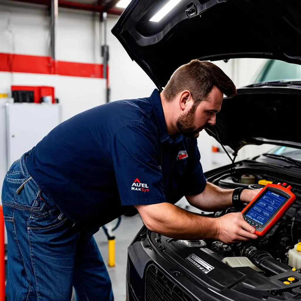 Mechanic using the Autel MaxiSys MS908CV II to diagnose a car