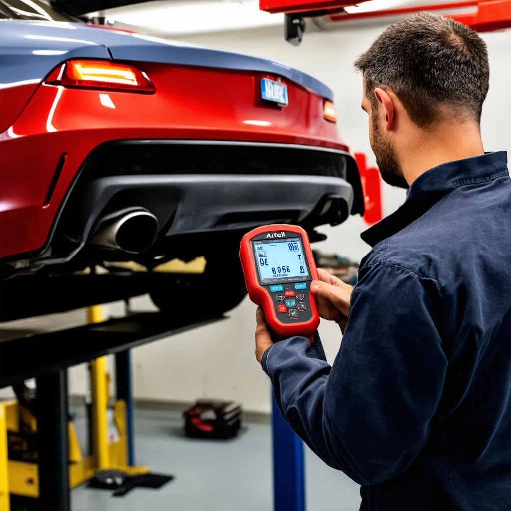 Mechanic using Autel MaxiSys Pro MS908P OBD2 Scanner