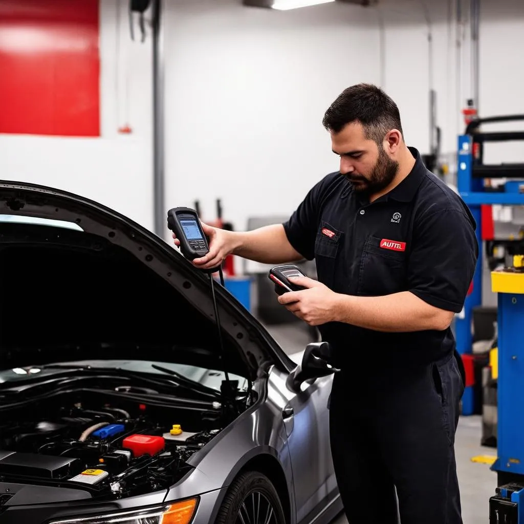 Mechanic using Autel MaxiSys scanner