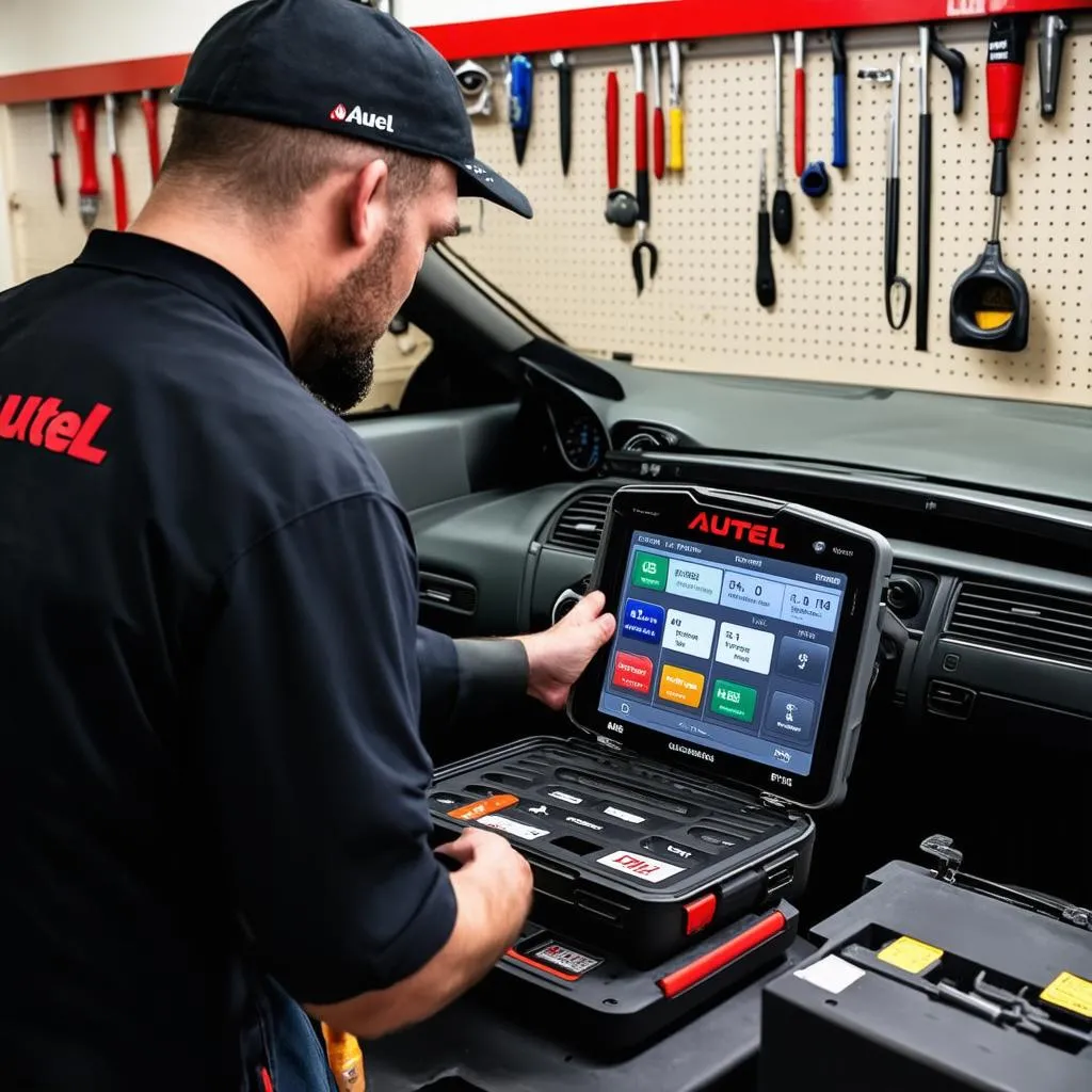 Mechanic Using Autel MaxiSys Ultra in Garage