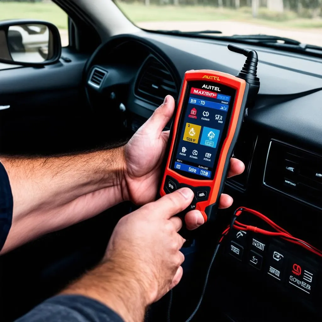 Close-up shot of a mechanic's hands using an Autel MaxiTrip TP100 to diagnose a car problem