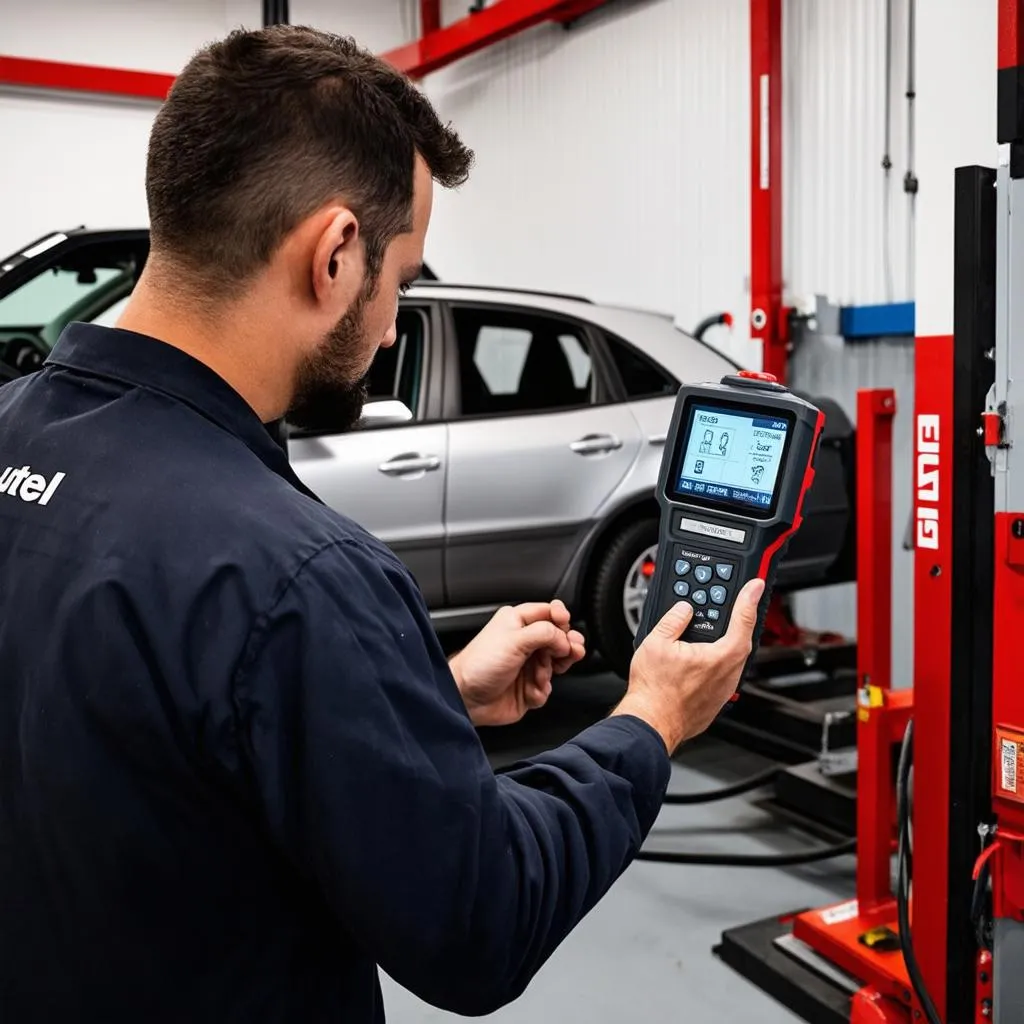 Mechanic using the Autel MD808P to diagnose a car problem