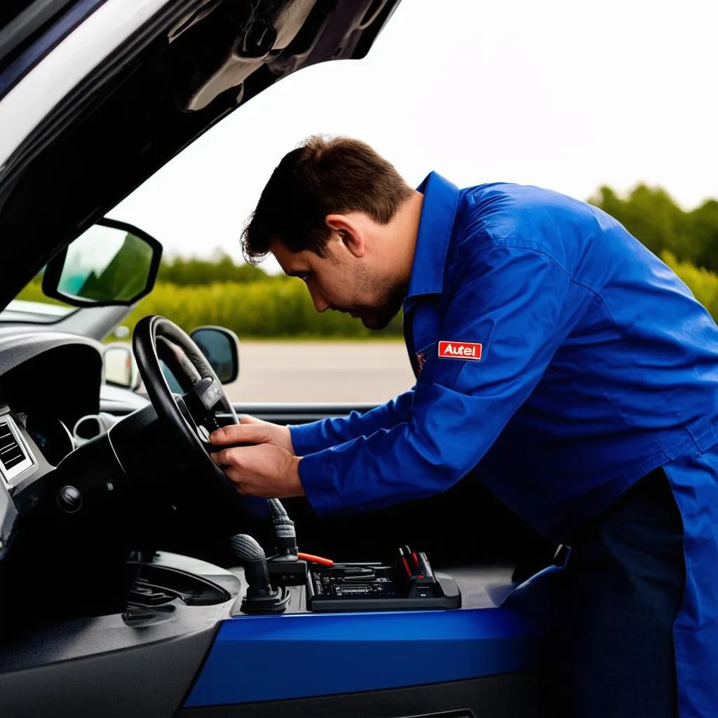 Mechanic using Autel MaxiCOM MK100