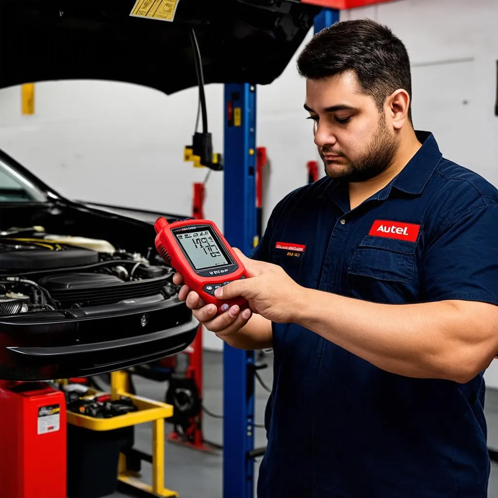 Mechanic using Autel MK808 to diagnose car problems