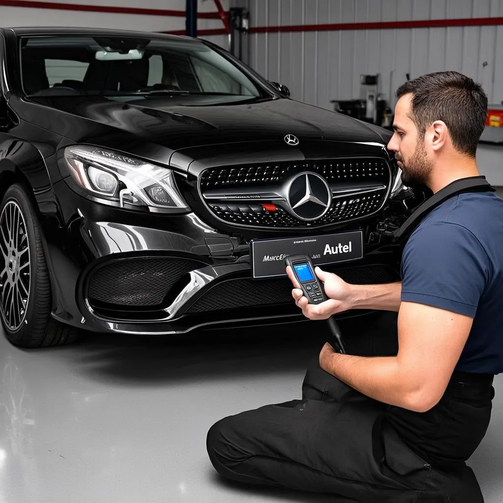 Mechanic Using Autel MaxiCOM MK808 on a Mercedes-Benz