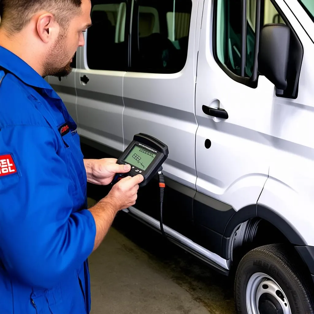 Mechanic using Autel MK808 on Ford Transit