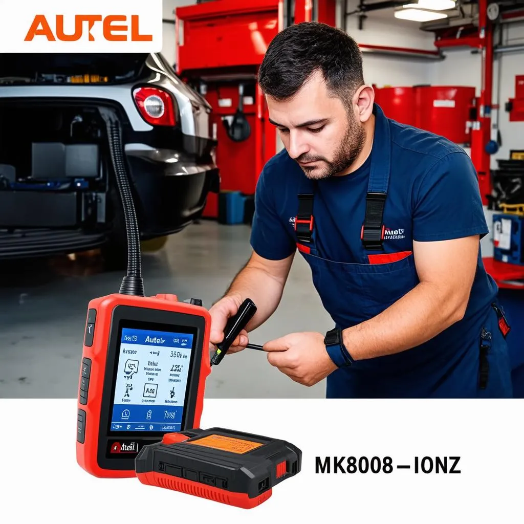 Mechanic using Autel MaxiCOM MK808Z-BT to diagnose a car problem