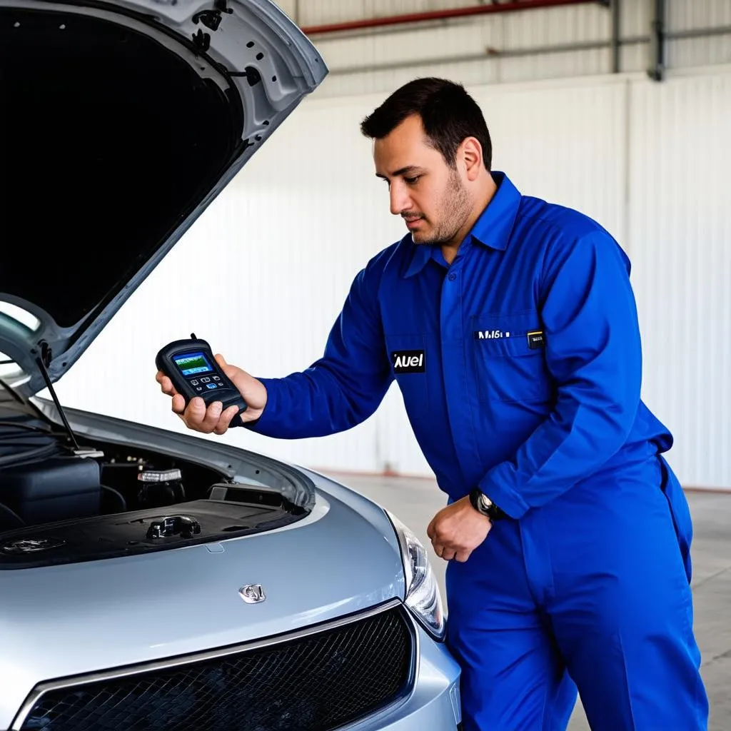 Mechanic using Autel ML619 to diagnose a car problem