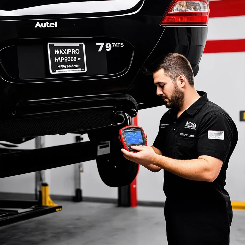 Mechanic using Autel MP808TS 749 to diagnose a car