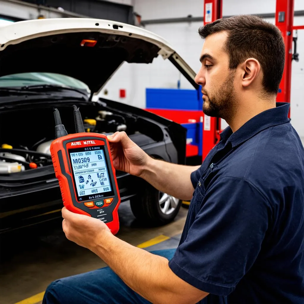 Mechanic using Autel MS309 to diagnose car problems