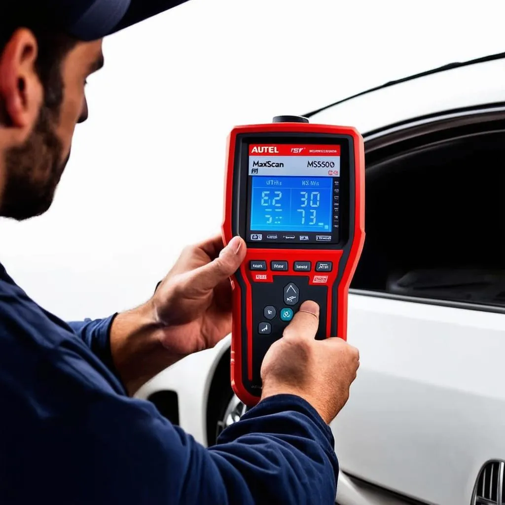 Mechanic using Autel MS509 Scanner