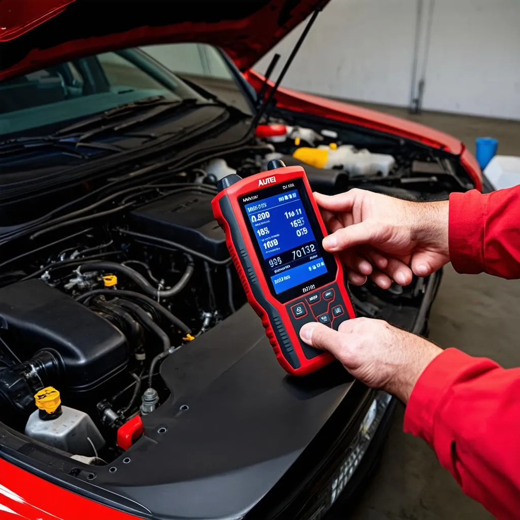 Mechanic using Autel MS906BT diagnostic scanner to diagnose car engine