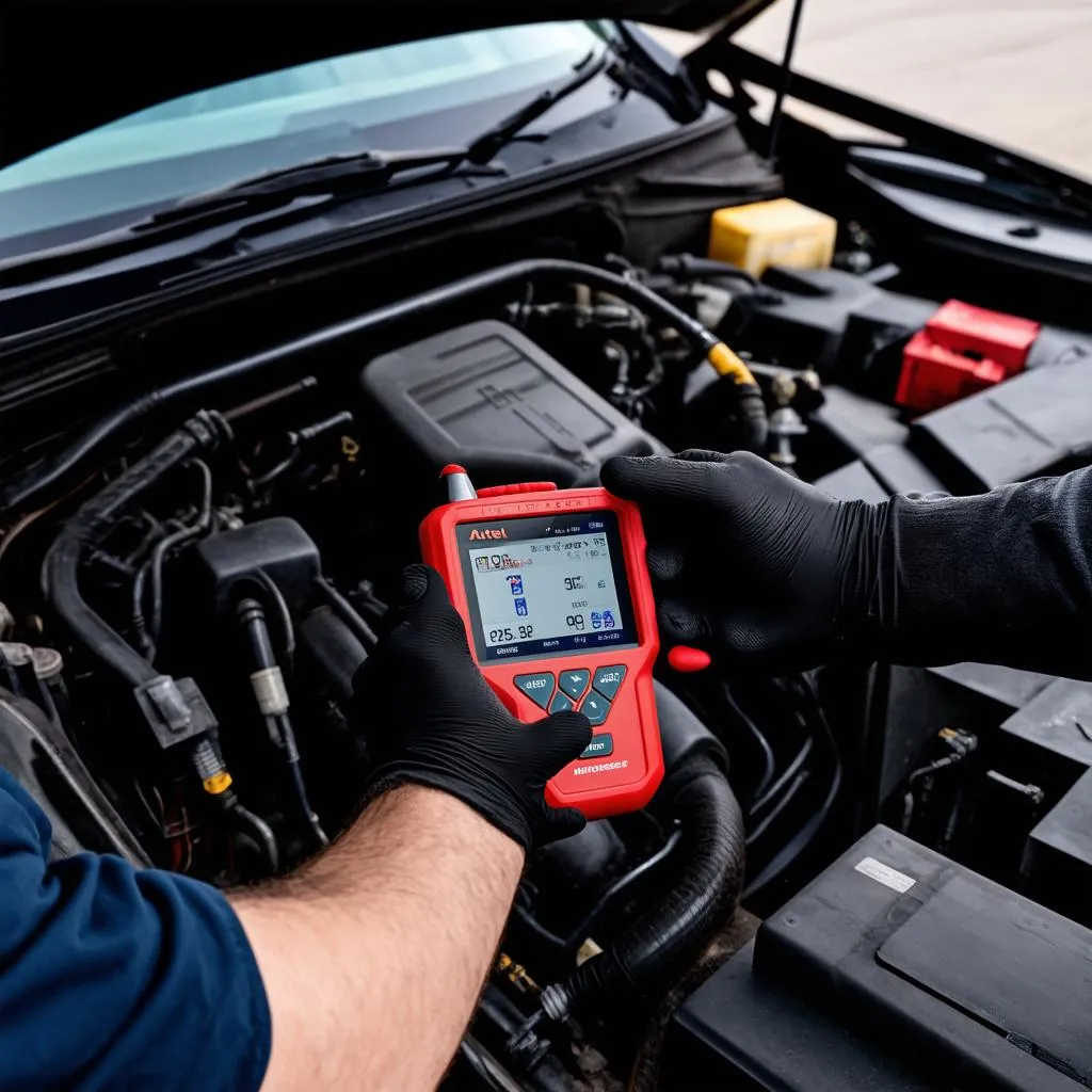 Mechanic using Autel MS906BT to diagnose car engine