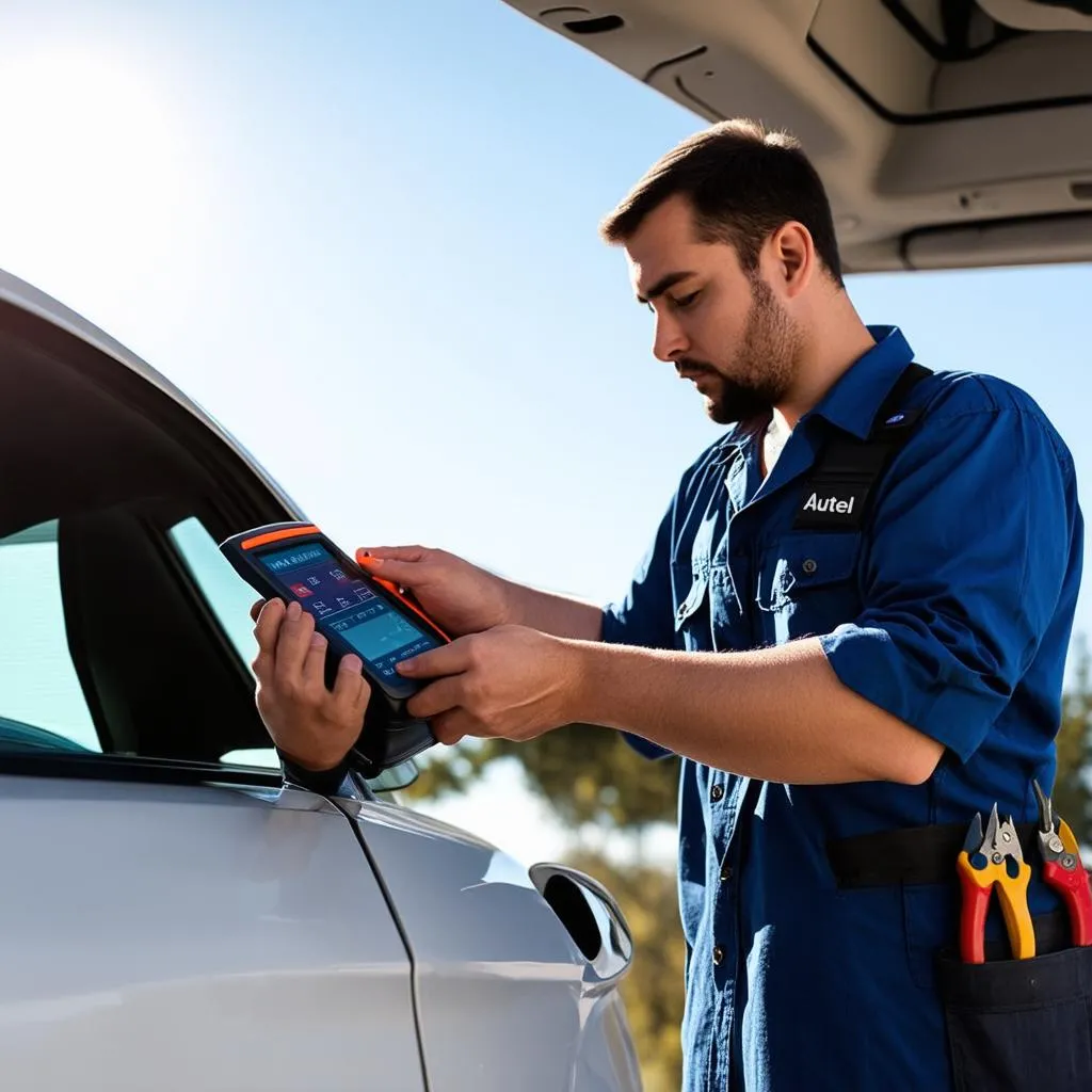 Mechanic using Autel MS906TS in sunlight