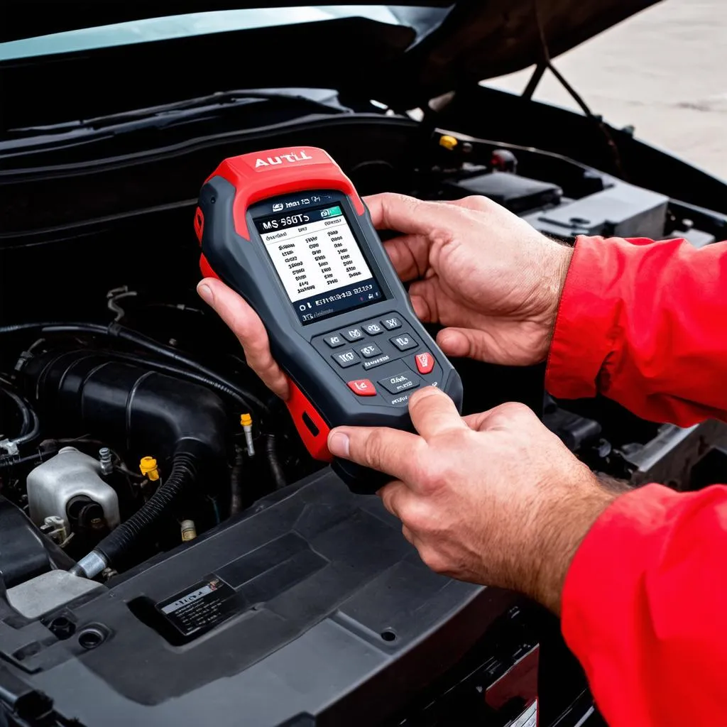 Mechanic Using Autel MS906TS Scanner on a Chrysler Engine