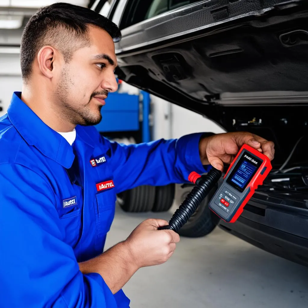 A mechanic using the Autel MaxiVideo MV108S to diagnose a car problem in a well-lit garage. 