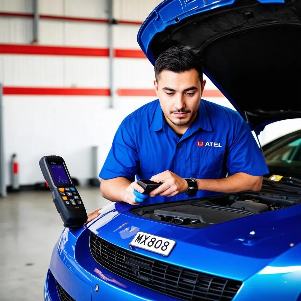 Mechanic using Autel MX808 to diagnose a car problem