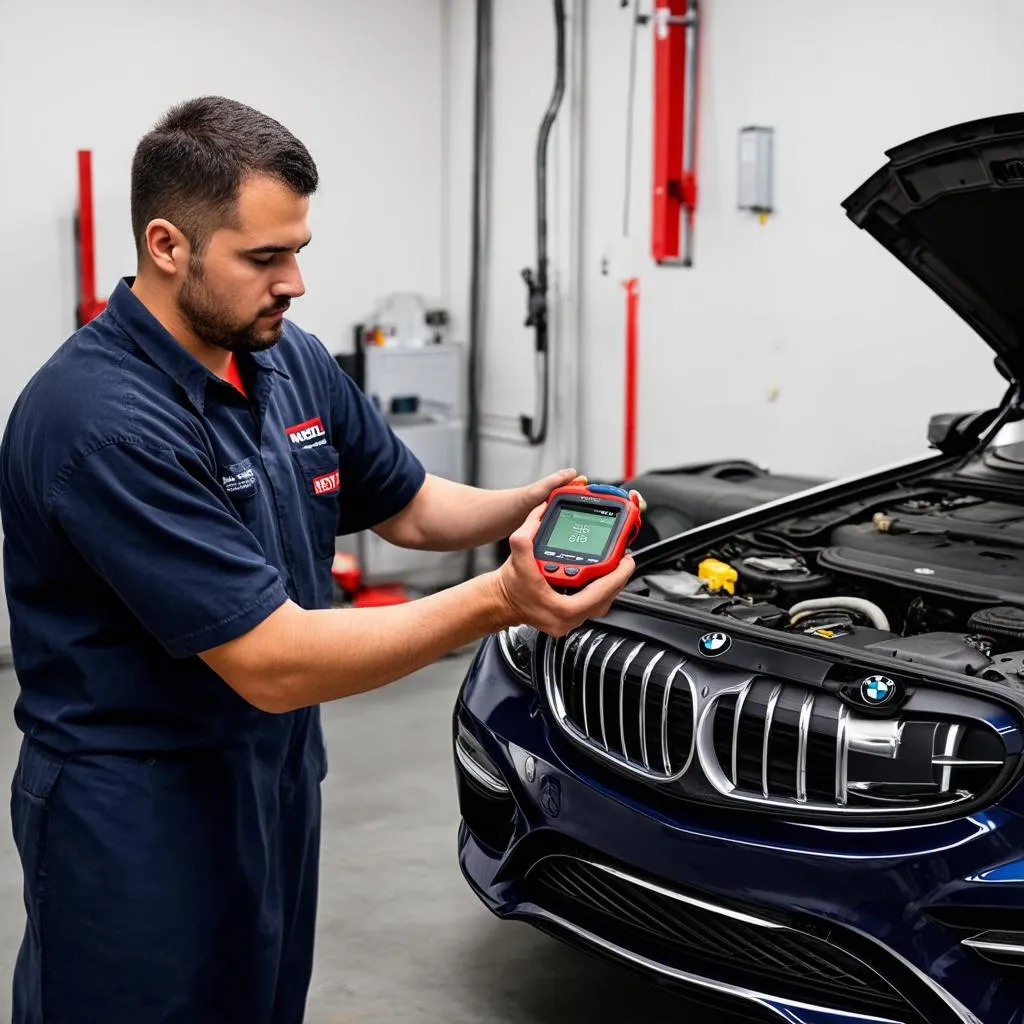 Mechanic using Autel OLS301 to diagnose a car problem