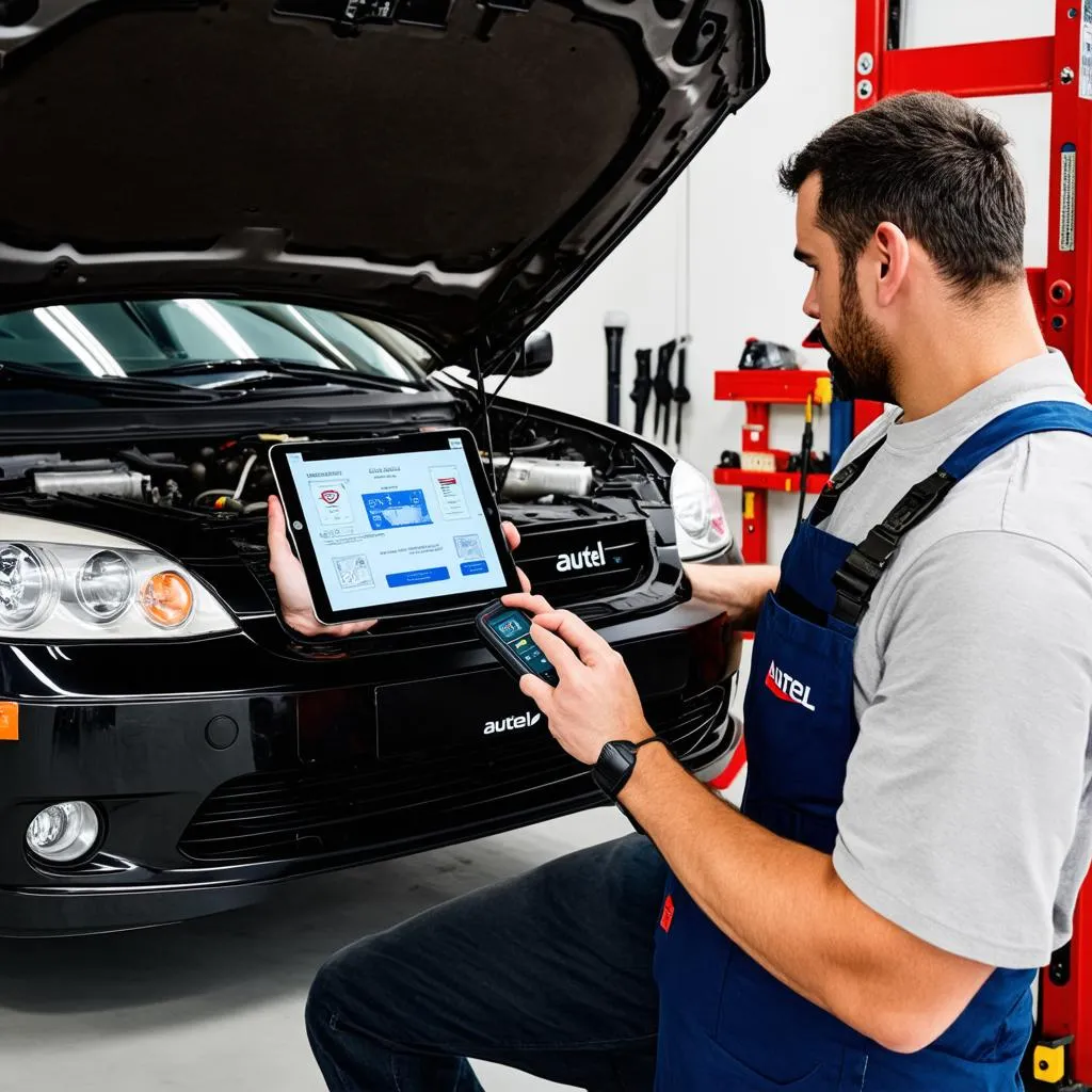 Mechanic Using Autel Diagnostic Software on iPad Under Car Hood