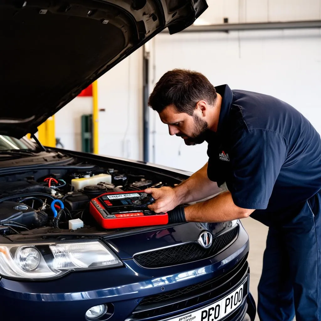 Mechanic diagnosing a car with Autel PS100