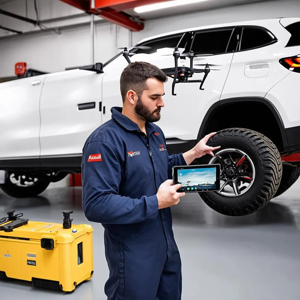 Mechanic using Autel Robotics X-Star Premium tablet to control the drone