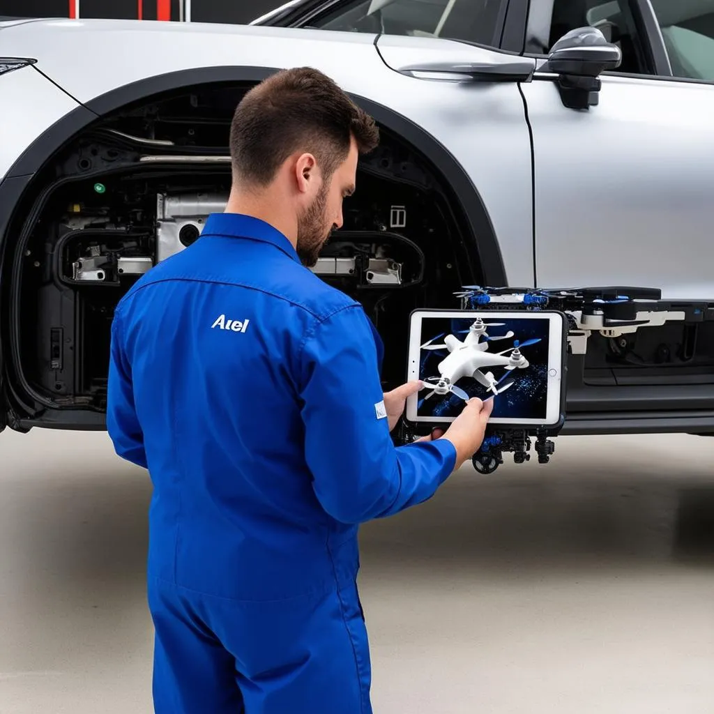 Mechanic using Autel Robotics X-Star Premium to inspect car