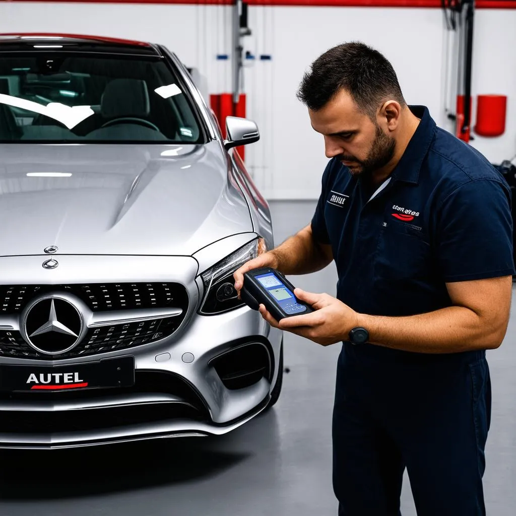 Mechanic using Autel scanner on a Mercedes-Benz