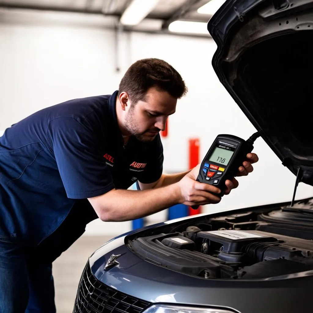 Mechanic using an Autel Scanner on a car