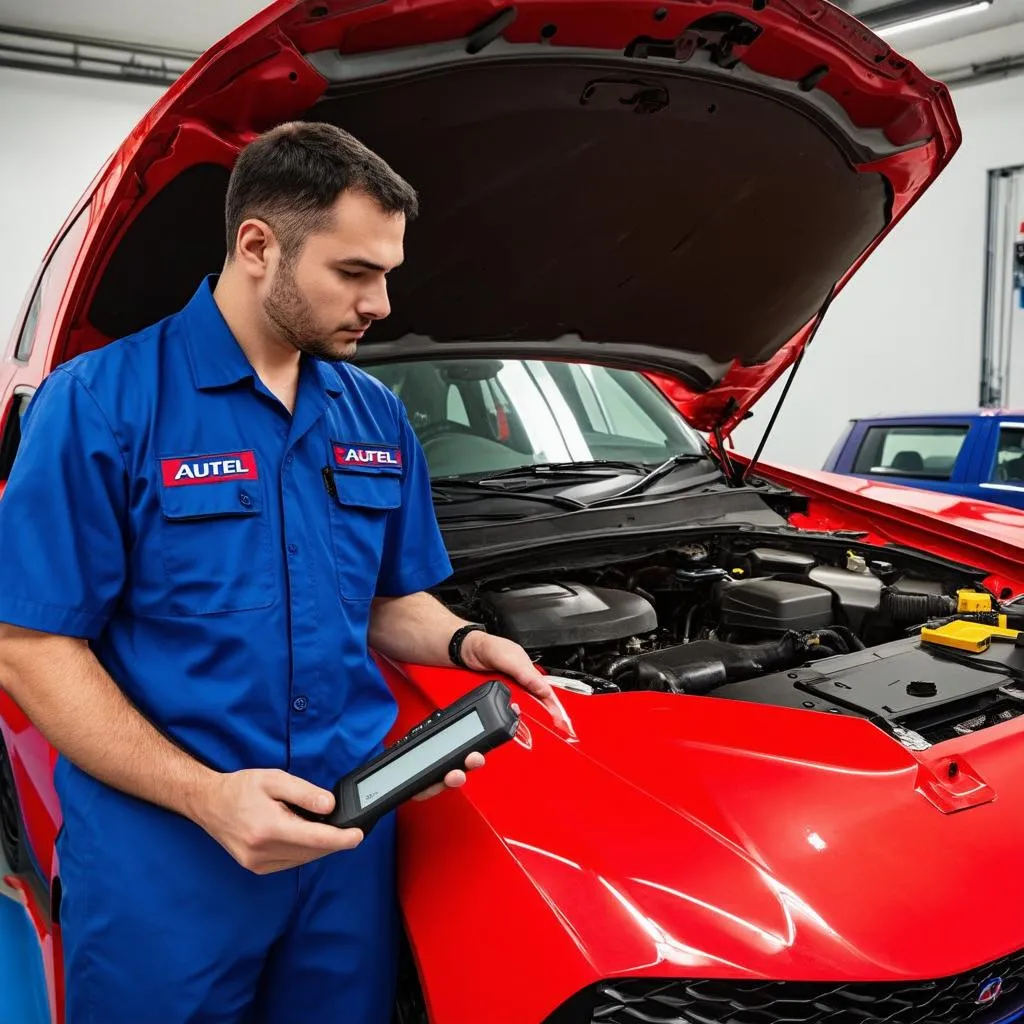 Mechanic using an Autel scanner on a car