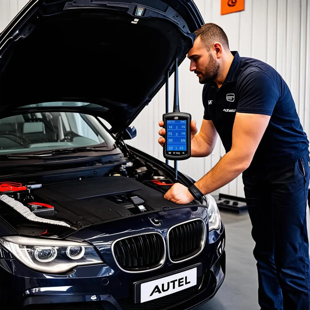 Mechanic Using Autel Scanner on European Car