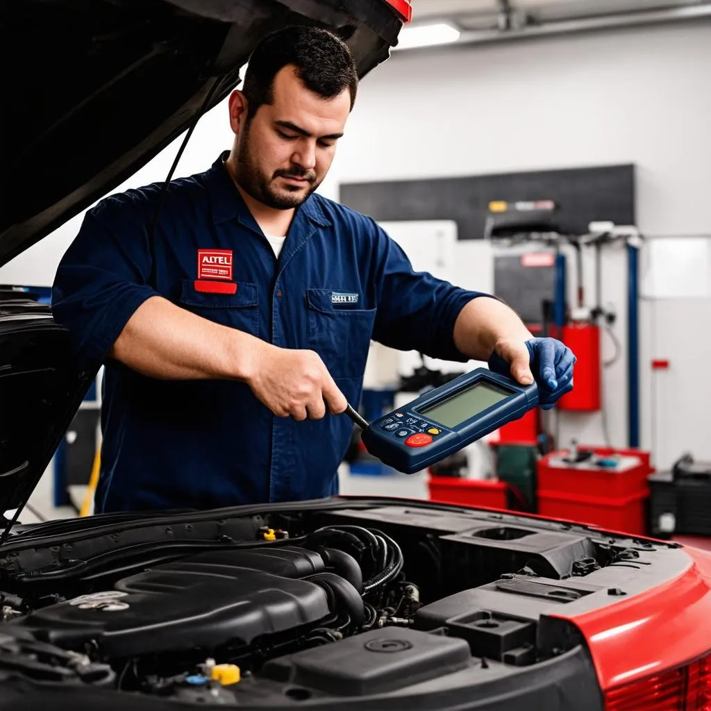 Mechanic Using Autel Scanner on a Car