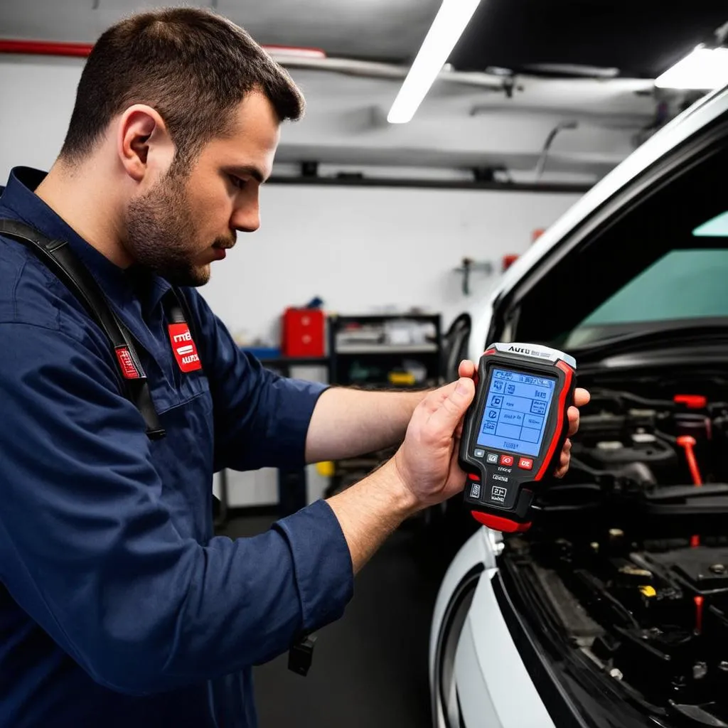 Mechanic Using Autel Scanner on a European Car