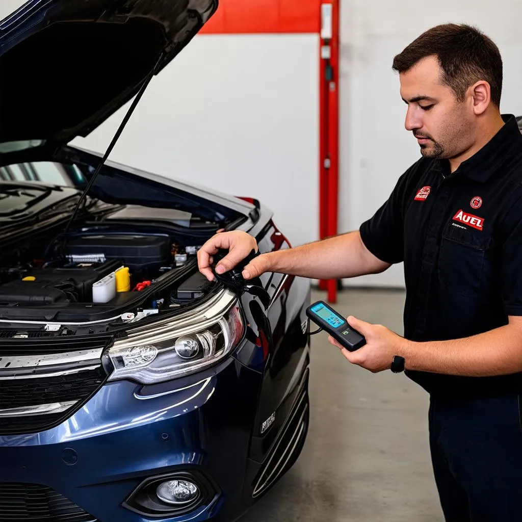 Mechanic using an Autel Scanner on a European car