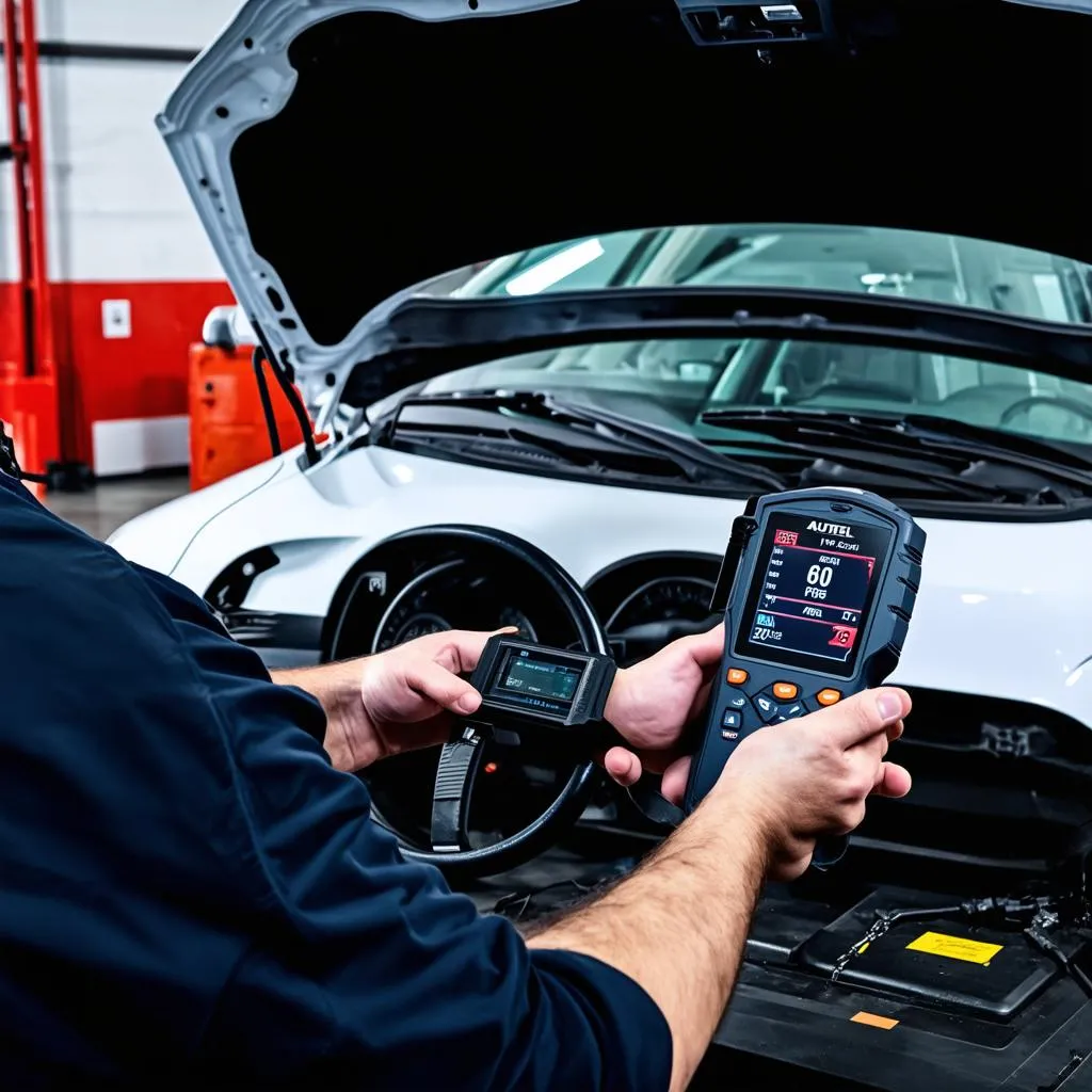 Mechanic Using Autel Scanner on European Car