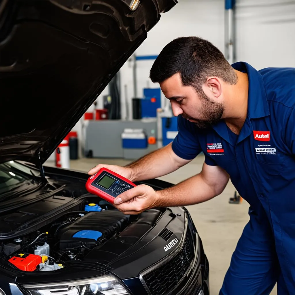 Mechanic using an Autel scanner to diagnose car problems