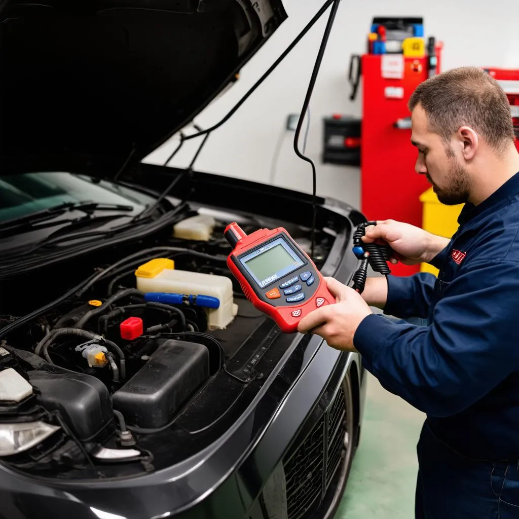 Mechanic Diagnosing Car with Autel Scanner