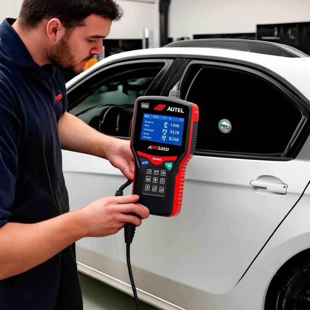 Mechanic using Autel Scanner on car