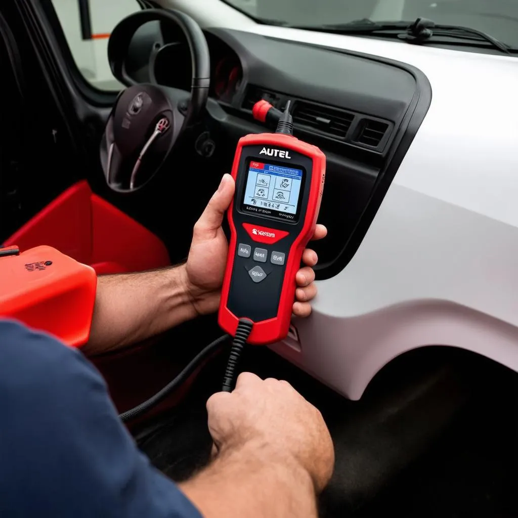 Mechanic using an Autel scanner