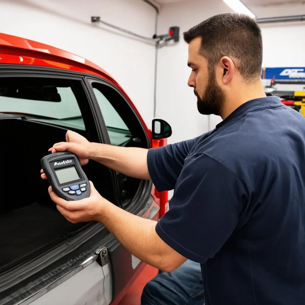 A mechanic using an Autel scanner to diagnose a car problem