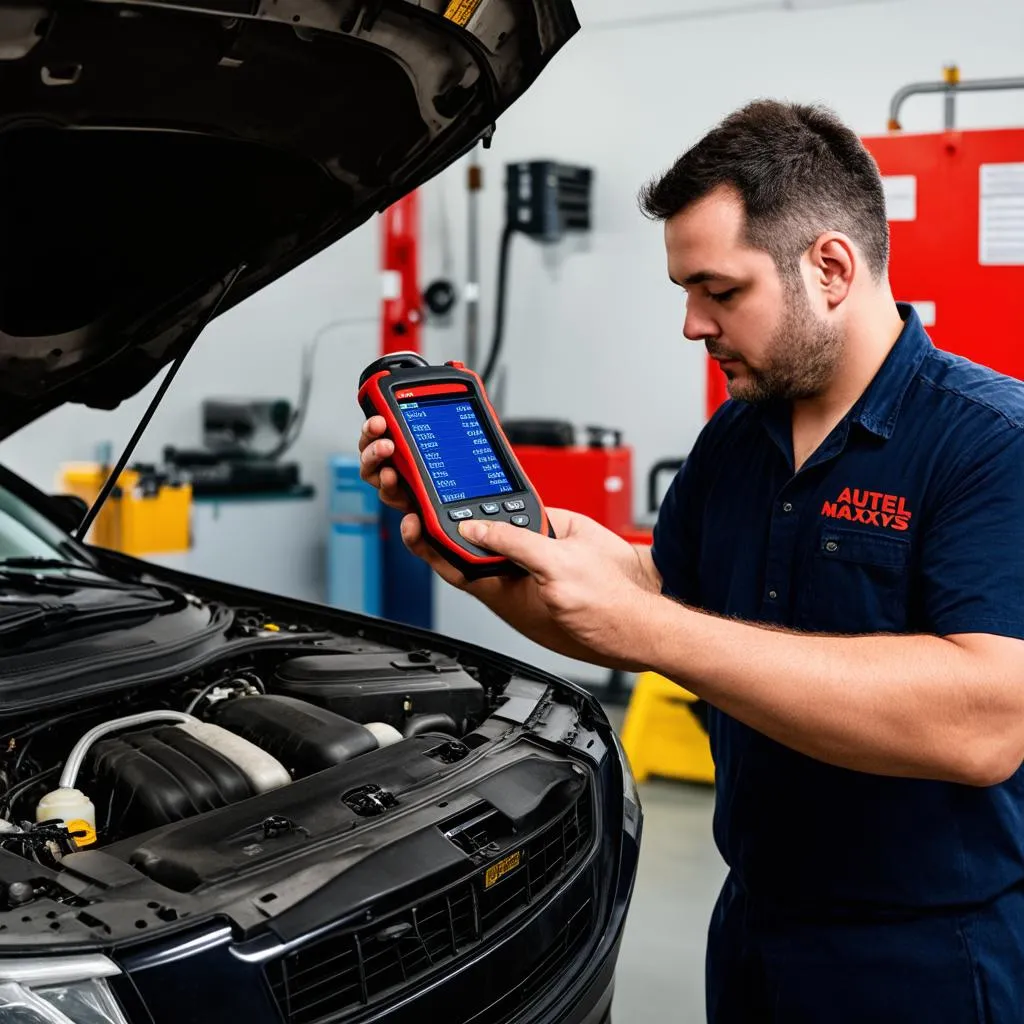 Mechanic using an Autel diagnostic scanner to troubleshoot a car's electrical system