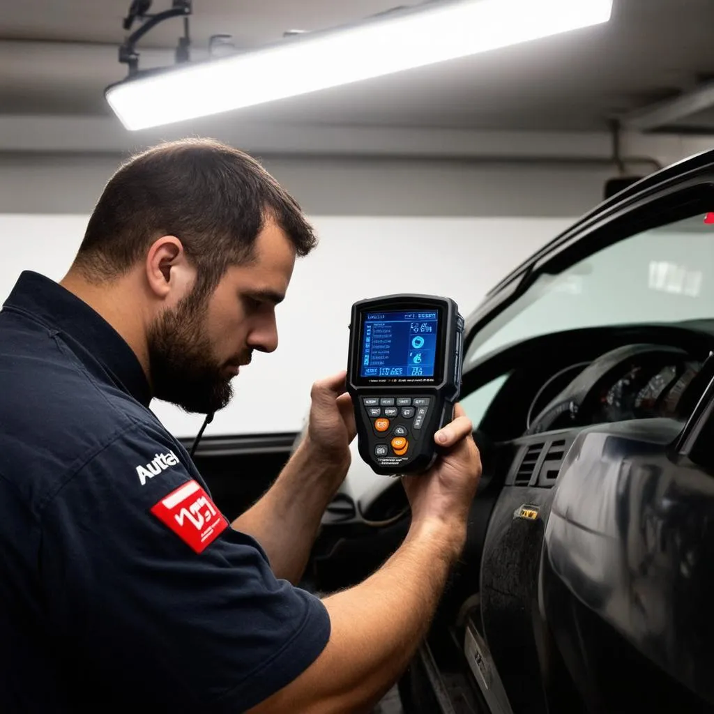 Mechanic Diagnosing Car with Autel Scanner