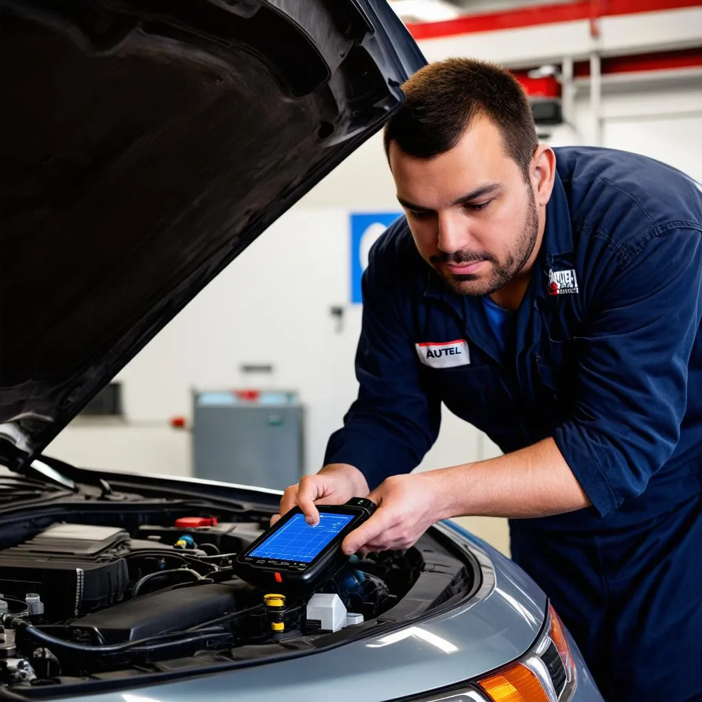 A mechanic using an Autel scanner to diagnose a car problem.