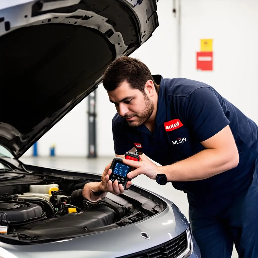 Mechanic using an Autel ML519 scanner