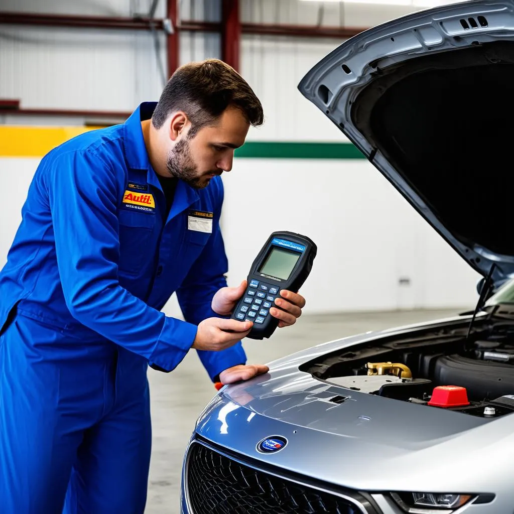 Mechanic Using Autel Scanner on a Car