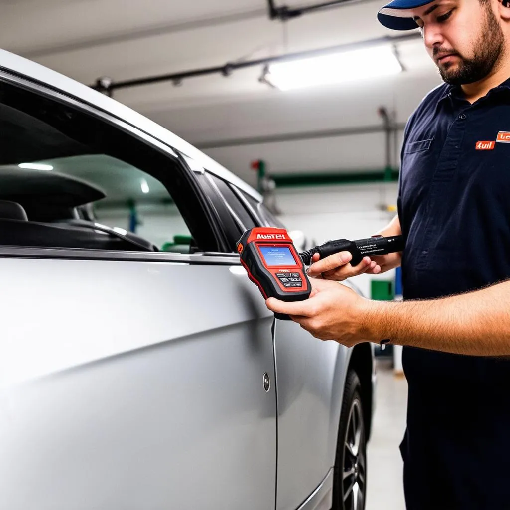 Mechanic Using Autel Scanner on Car