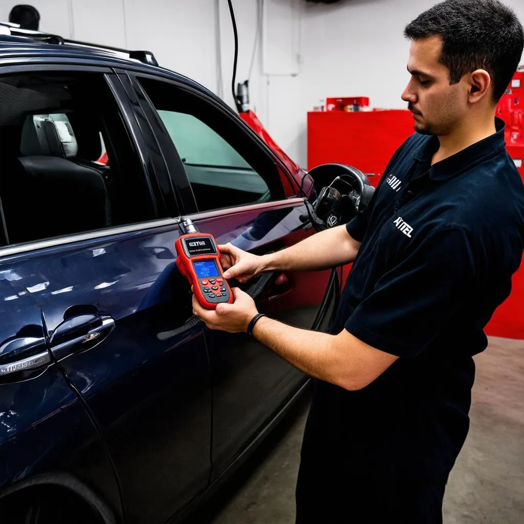 Mechanic Using Autel Scanner on European Car