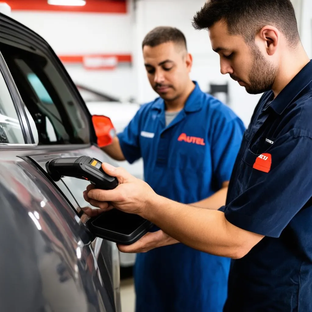 Mechanic diagnosing car with Autel scanner