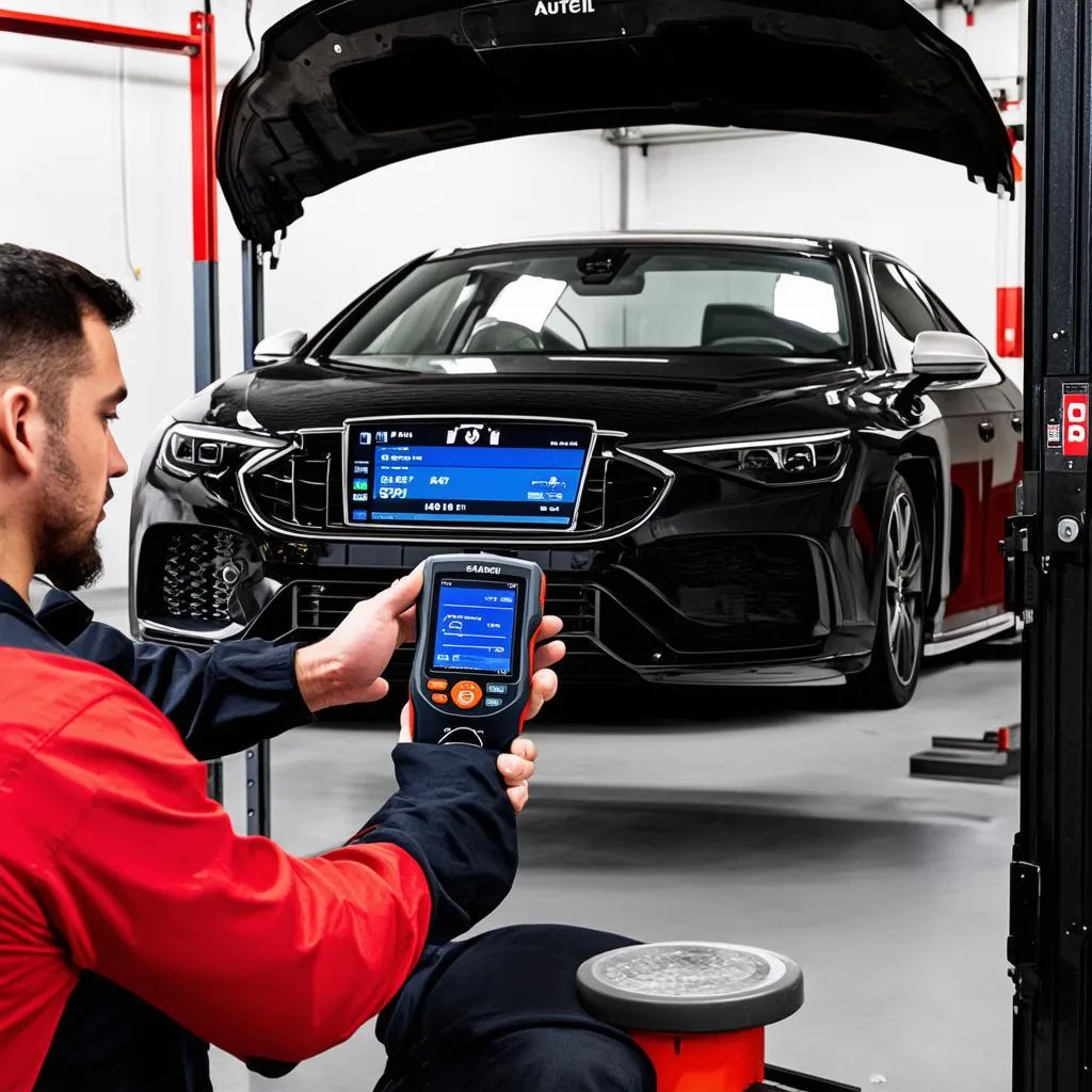 Mechanic using Autel scanner to diagnose a car problem