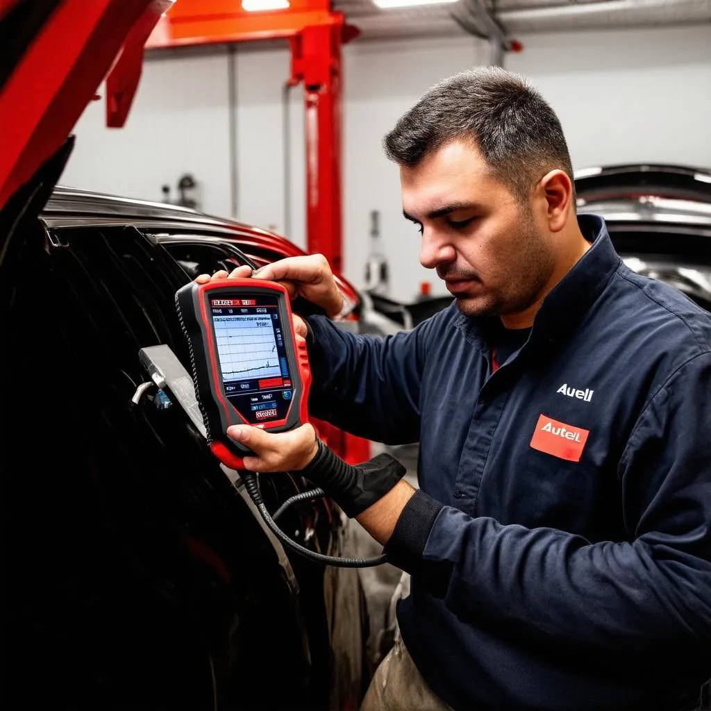 Mechanic using an Autel scanner to diagnose a car problem