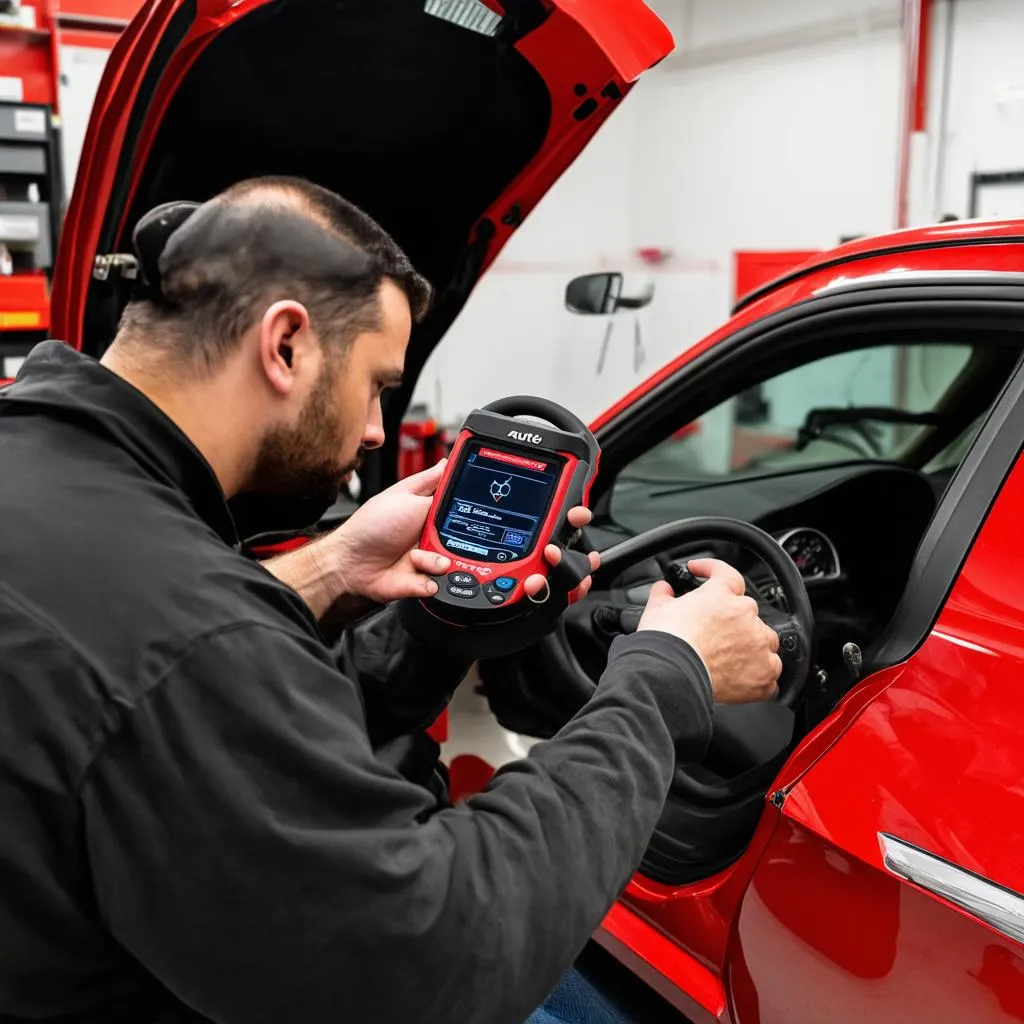 Mechanic using an Autel scanner on a car